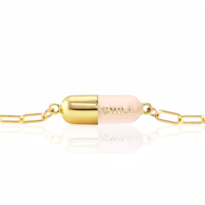 Kris Nations – wholesale Charm/dangle bracelet – Chill Pill Charm Bracelet 18K Gold Vermeil | Sterling Silver Charm Gold Filled | Sterling Silver Drawn Cable Chain Multiple Colors Lobster Clasp Nickel Free Ships from CA