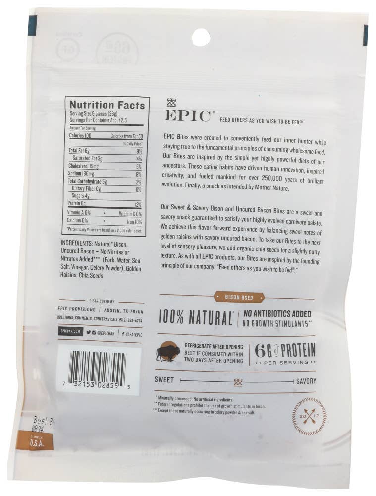 KeHE Distributors, LLC - Vente Viande séchée - Bouchées de chia au bacon et au bison Jerky EPIC 2,5 oz1
