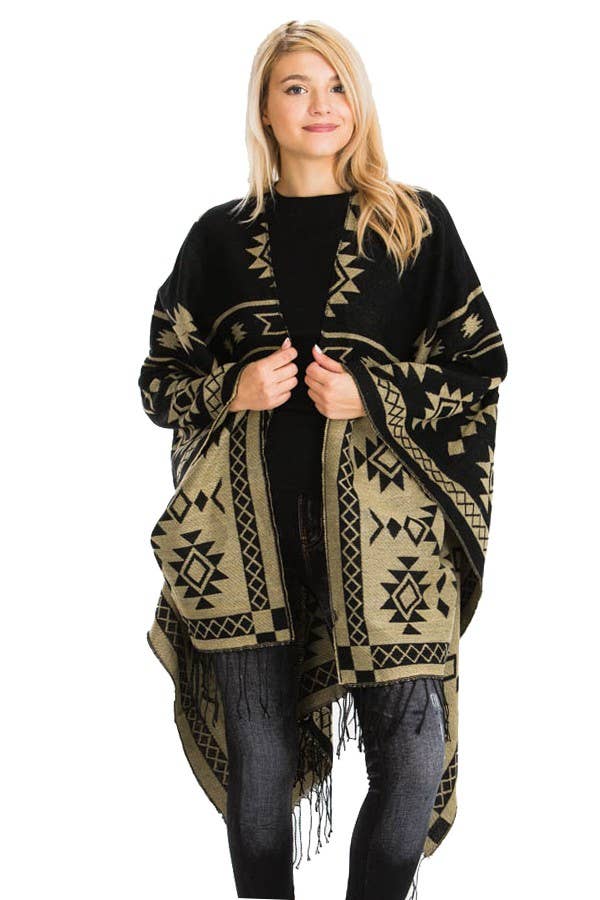 Cap Zone – Poncho - Mulher por atacado – Poncho ocidental reversível com padrão geométrico asteca1