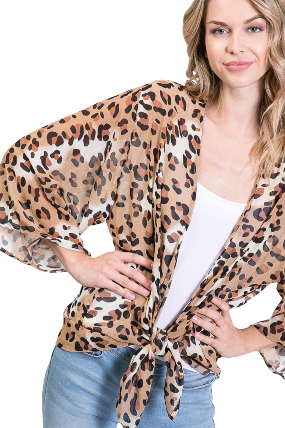Shop Lev - Vendita all'ingrosso Kimono - Donna - Cardigan oversize in chiffon con maniche a kimono con stampa leopardata leggera1