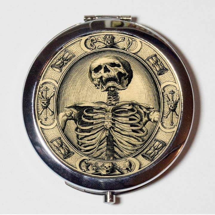 Skeleton Memento Mori Compact Mirror - Goth Dark Macabre - Make Up Pocket Mirror for Cosmetics for wholesale by FringePop