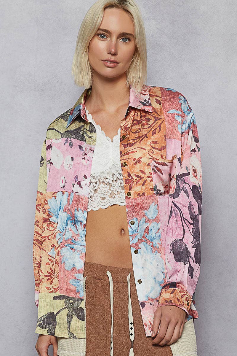 Pol Clothing - Vente Chemise à col boutonné – femme - Haut chemise tissé à manches longues imprimé floral24
