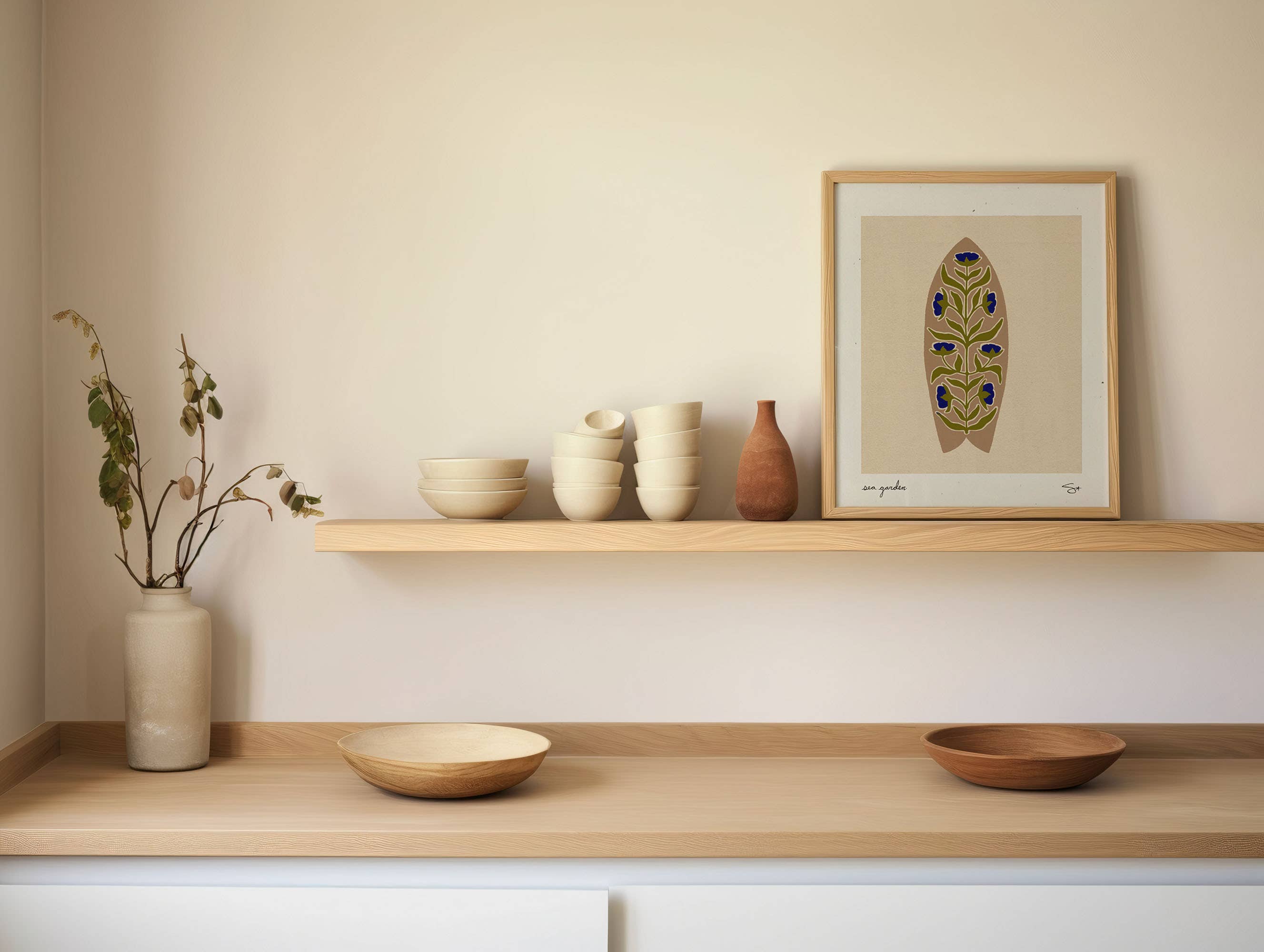 Mid Tide Design - Vendita all'ingrosso Stampa artistica - Giardino Marino Beige | Stampa Tavola da Surf5