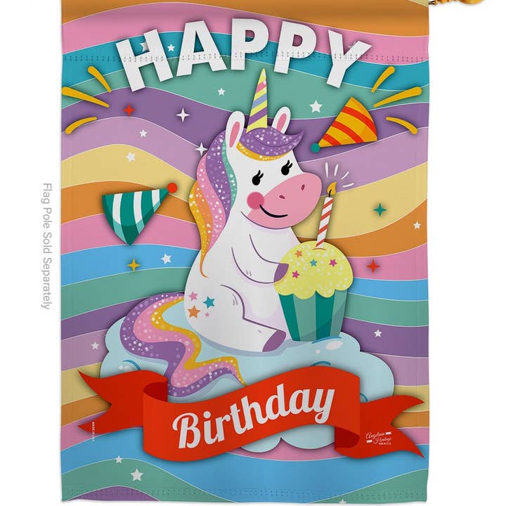 Two Group Flag Co - Venta al por mayor Bandera y manga de viento - Bandera unicornio Happy Birthday Fantasy Sweet Cupcake Garden
