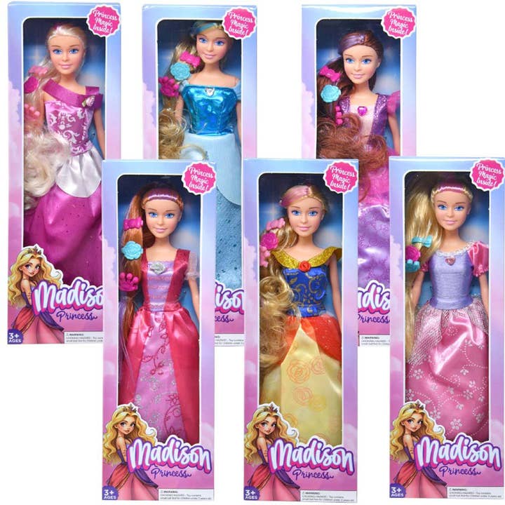 Madison 11.5" Princess Doll w/ hair clips - 6 asst for wholesale by Deluxe Import Trading