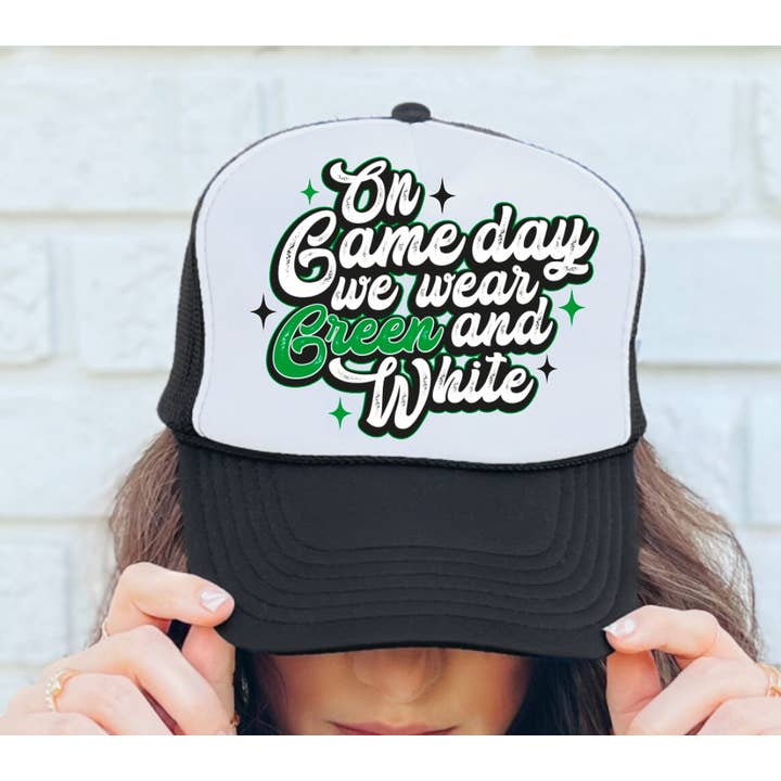 On Game Day We Wear Green & White Trucker Hat Football for wholesale by Gia Gifts Boutique