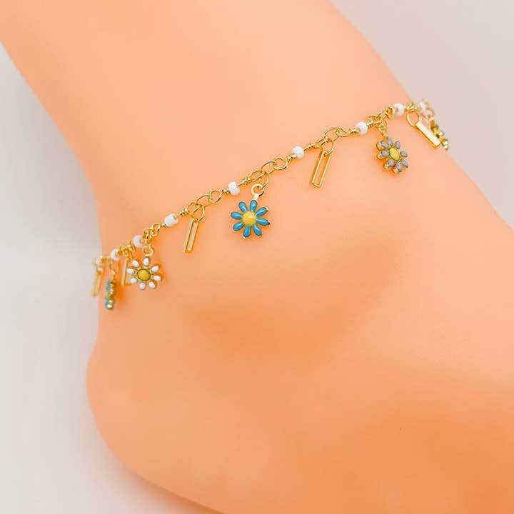 Bohemian Enamel Daisy Pendant Chain Anklet for wholesale by Mio Queena