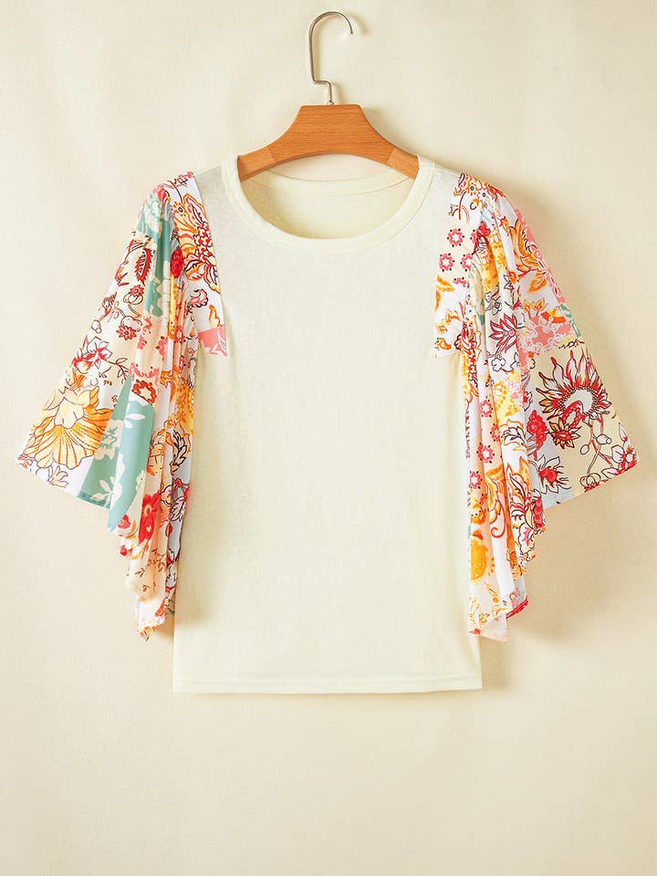 Beige Floral Patchwork Half Batwing Sleeve Blouse for wholesale on Faire2