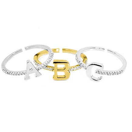 Maya J - Vente Anneau/bague à empiler - Bagues Initiales Ajustables Plaquées Or 14K - Présentation Complète1