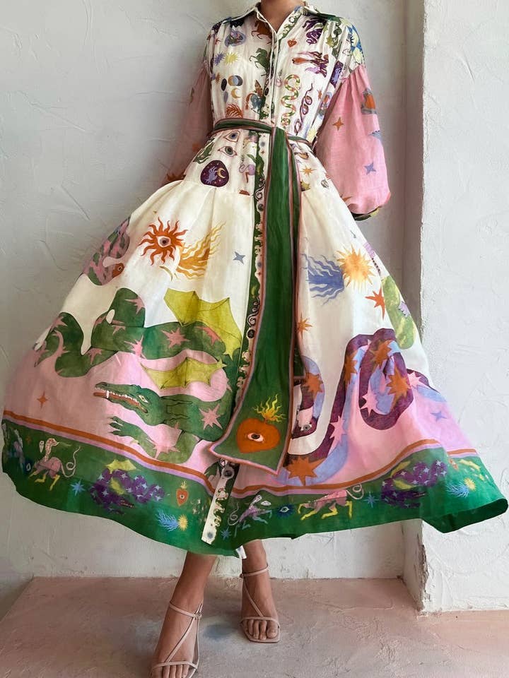 Green wonderland print balloon sleeves swing polyester dress for wholesale on Faire3