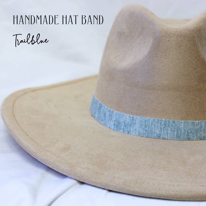 Trailblue Light-Wash Denim Print Adjustable Hat Band | Handmade Western Hat Accessory by Wildflowers and Barley for wholesale by Wildflowers and Barley