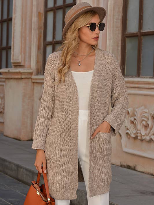 Cardigan uni à devant ouvert kaki avec poche pour la vente par Hope Horizon LLC