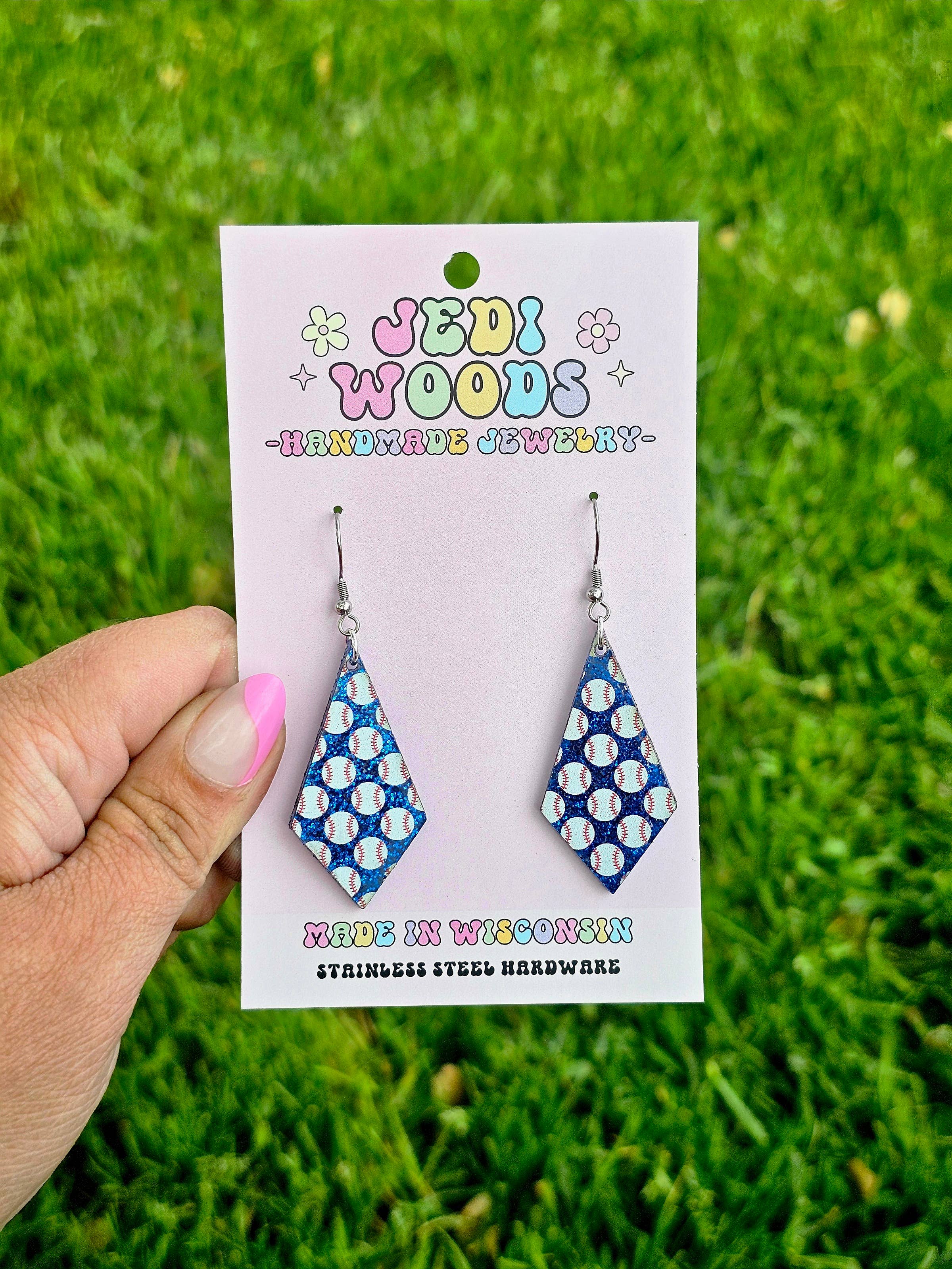 Jedi Woods LLC - Venta al por mayor Pendientes colgantes - Aretes de diamantes de béisbol con purpurina azul6