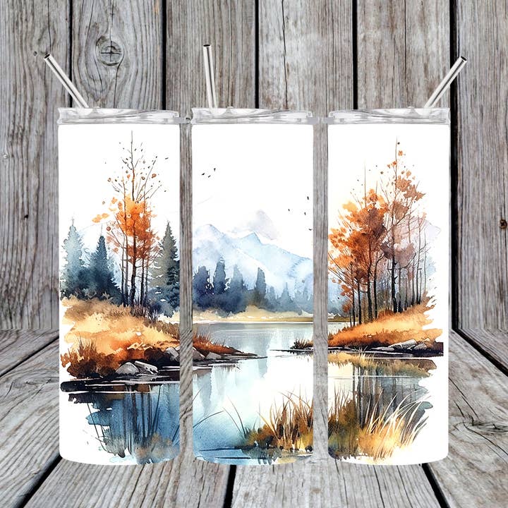 Fall Lake akvarel 20 oz Skinny Tumbler for engroshandel hos Dogwood Graphics & Design