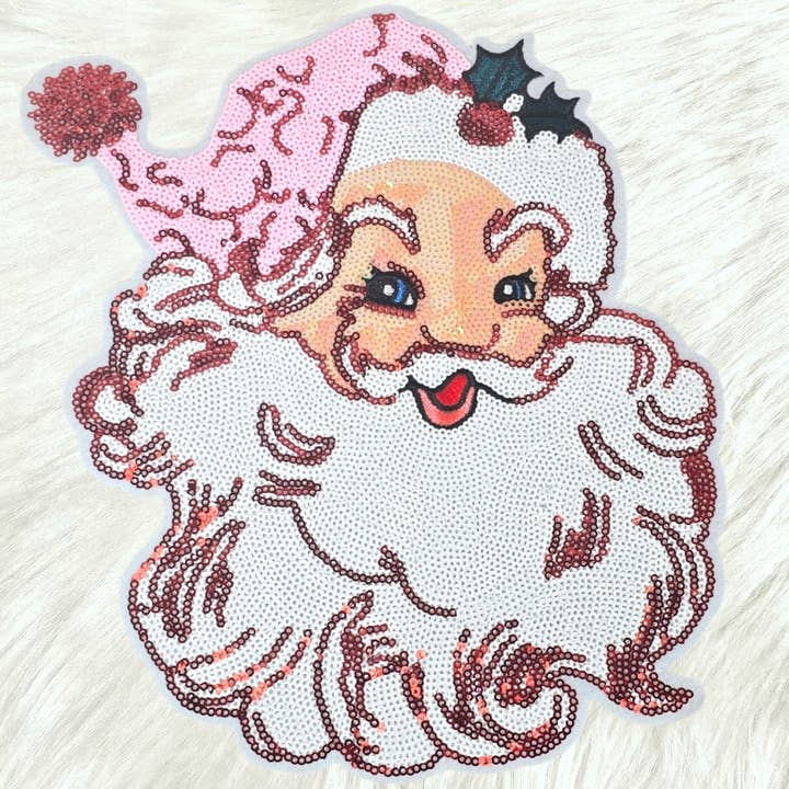 Scratch Decor - Wholesale Patch - Pink Hat Retro Santa Large Sequin Iron-on Patch