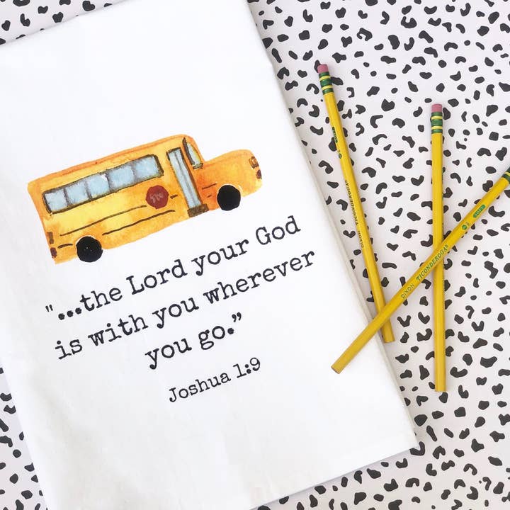 School Bus Scripture Tea Towel for wholesale by Suburban Soiree