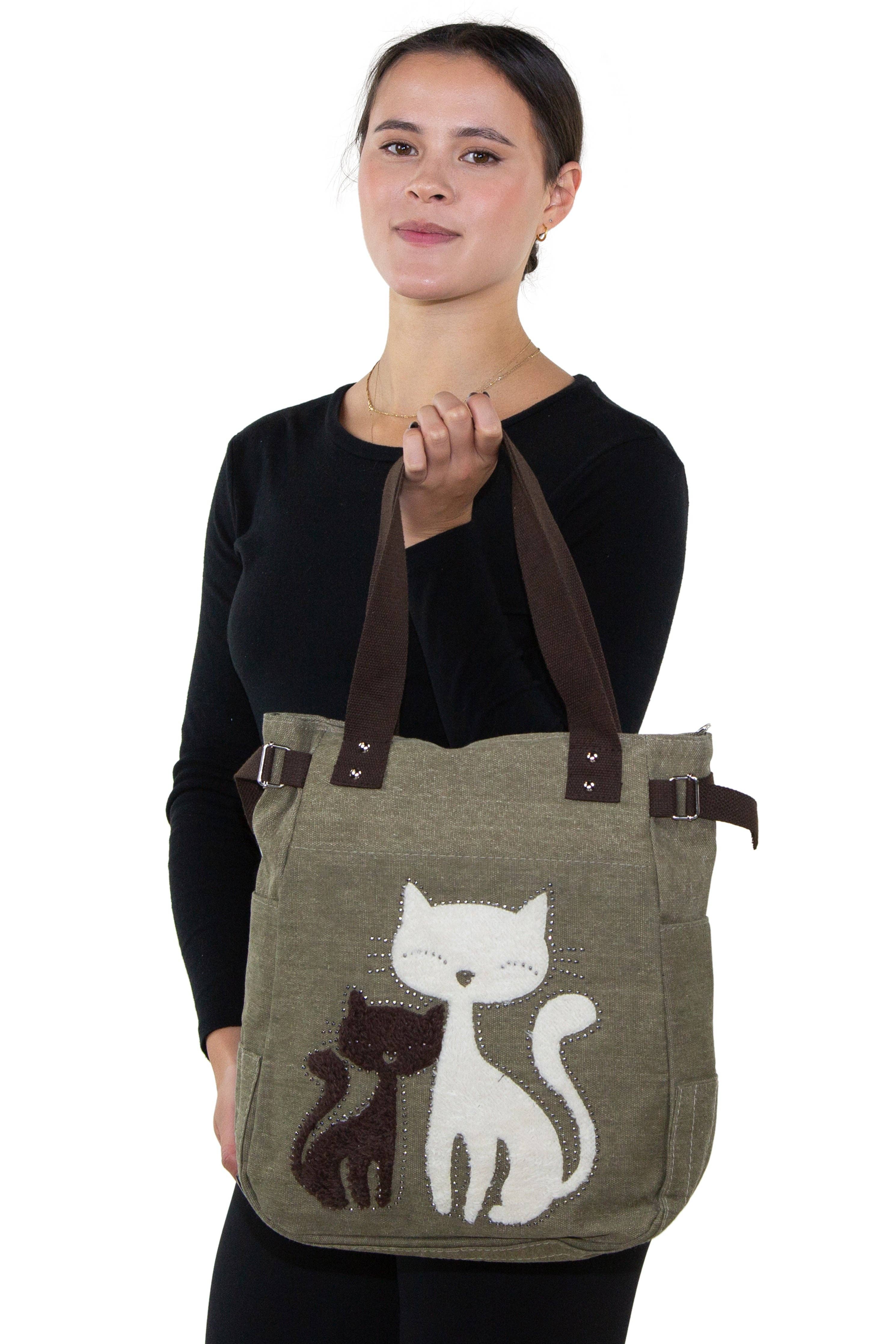 COMECO INC – wholesale Tote bag – Women's – Lovely Cats With Faux Fur And Studs Canvas Tote Bag2