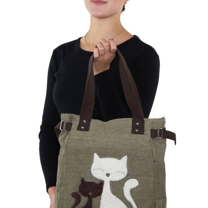 COMECO INC – wholesale Tote bag – Women's – Lovely Cats With Faux Fur And Studs Canvas Tote Bag2