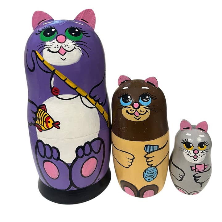 PURPLE CAT with FISH Nesting Dolls Set, 3 Pcs/5" for wholesale by GSZ corporation DBA Gabriella's Gifts