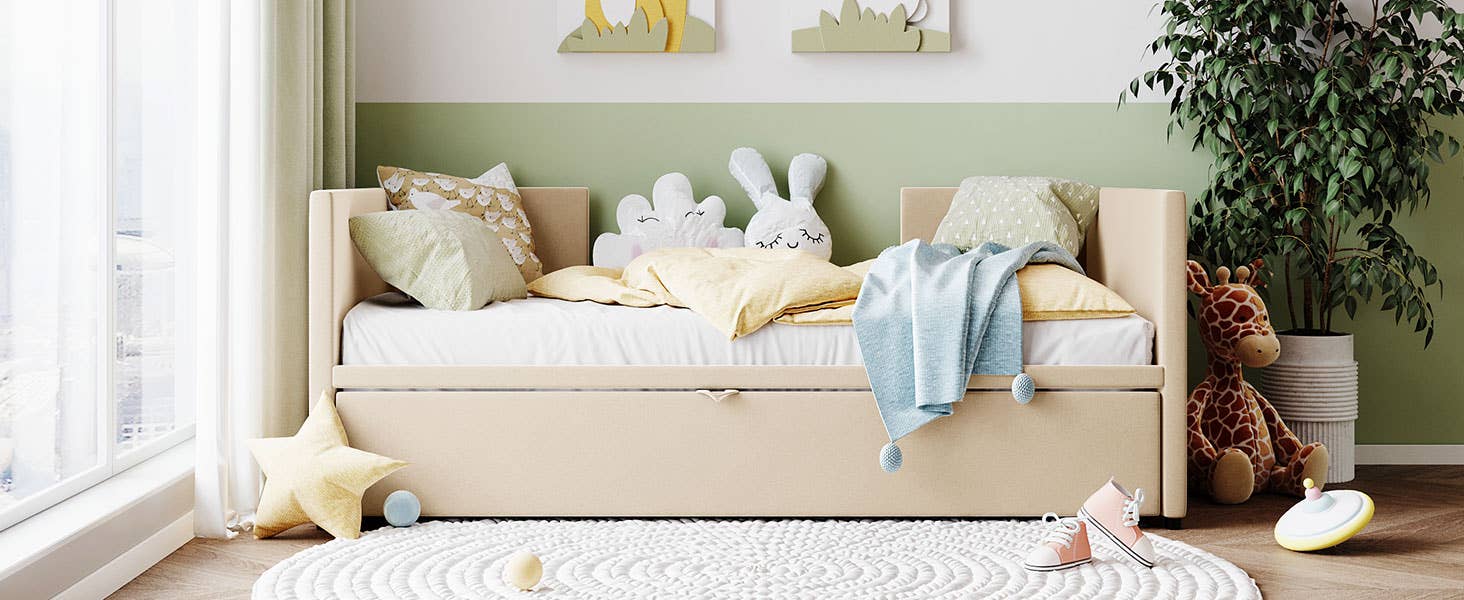 Twin Size Upholstered daybed with Pop Up Trundle, Beige for wholesale on Faire13