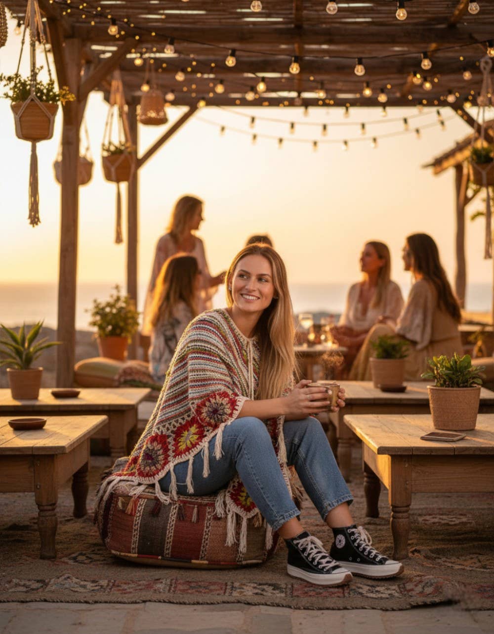 Kimago Look - Vente Poncho – femme - Poncho bohème en tricot avec franges | Kimago