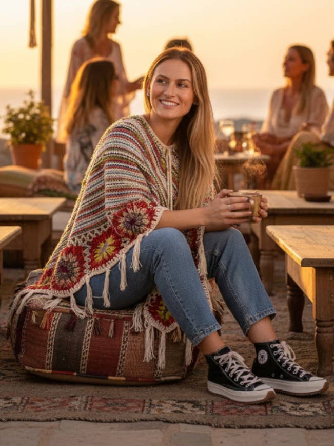 Kimago Look - Vente Poncho – femme - Poncho bohème en tricot avec franges | Kimago0