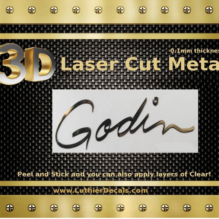 Adesivo per chitarra Godin, dorato, 3D, in metallo, M72B per la vendita all'ingrosso da parte di Luthier decals