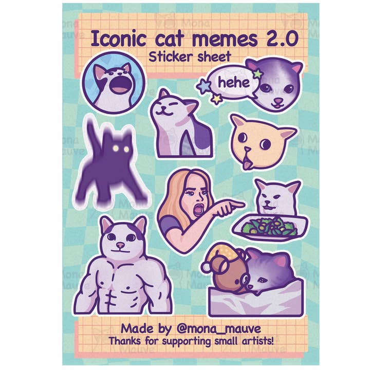 Iconic Cat Memes 2.0 Sticker Sheet | 9 Funny Vinyl Stickers for wholesale by Mona Mauve • Silly Art!