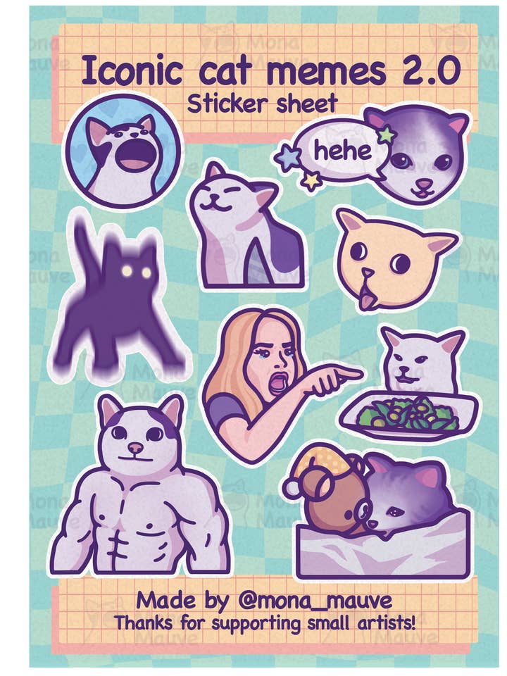 Iconic Cat Memes 2.0 Sticker Sheet | 9 Funny Vinyl Stickers for wholesale by Mona Mauve • Silly Art!