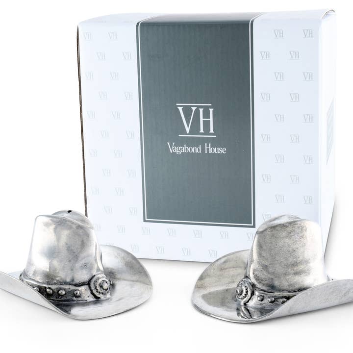 Vagabond House - Venta al por mayor Juegos de salero y pimentero - Juego de sal y pimienta de sombrero de vaquero peltre4