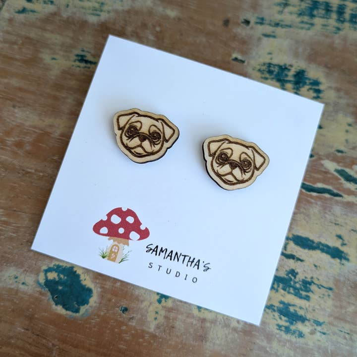 Pug Face Stud earrings - wooden earrings for wholesale by Samantha's Studio