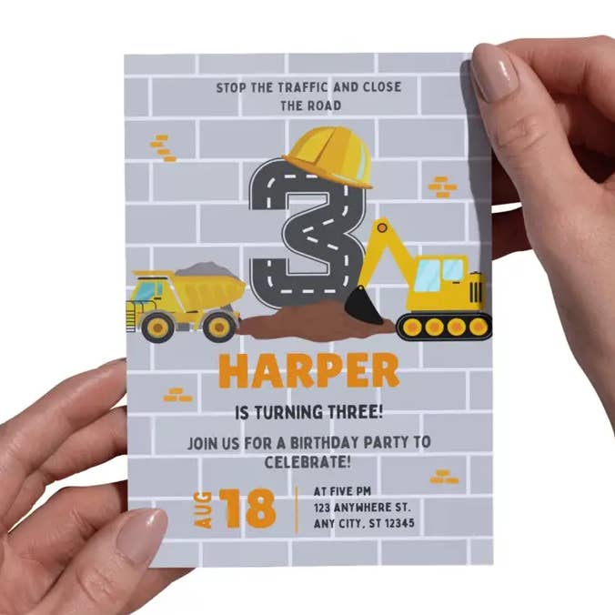 Custom Construction Trucks Boys Birthday Party Invitation for wholesale by Atlantic Canada Design