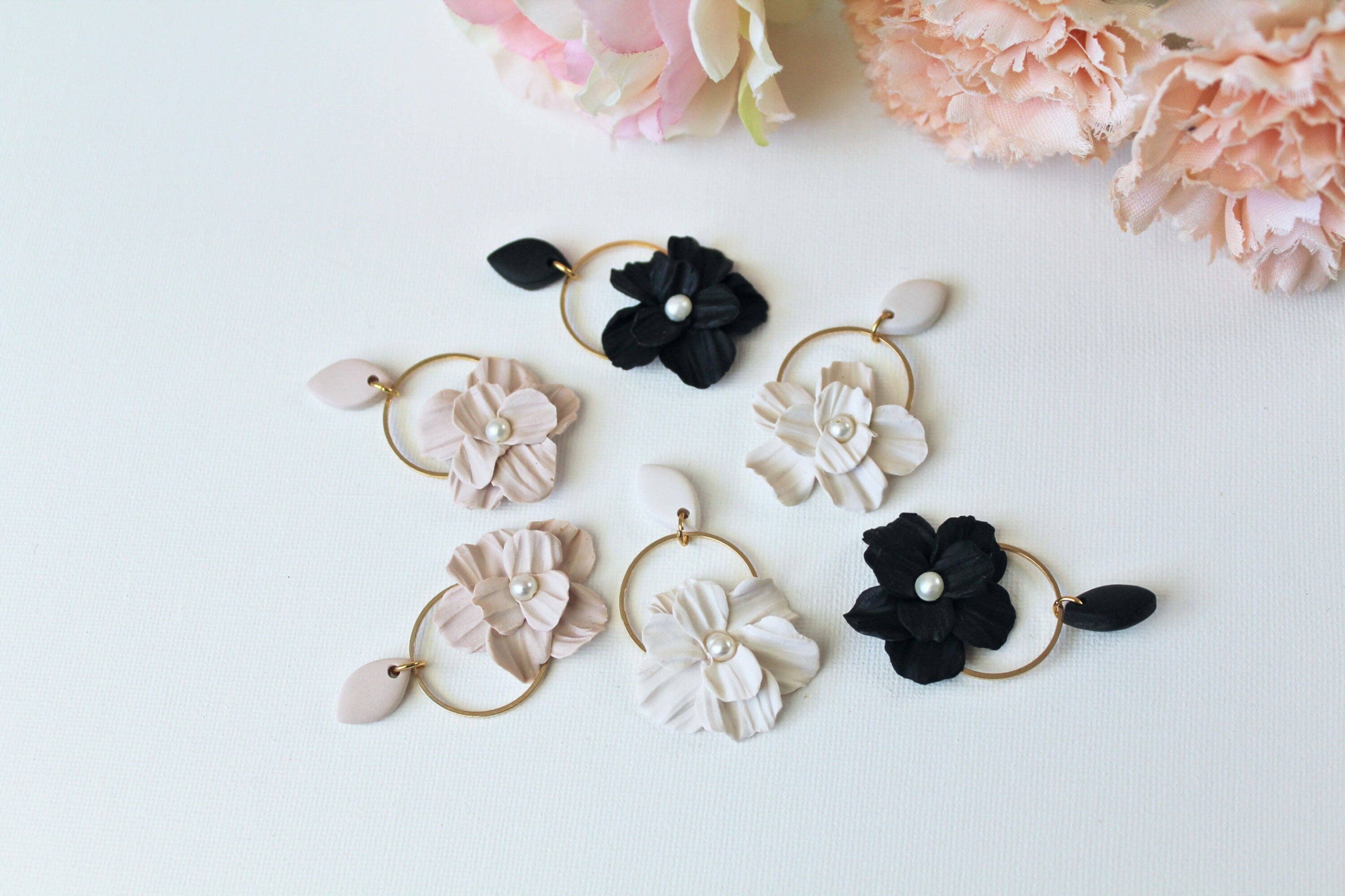 Studio Niani - Wholesale Dangle Earrings - Flower Earrings, Polymer Clay Earrings, Neutral, Beige2