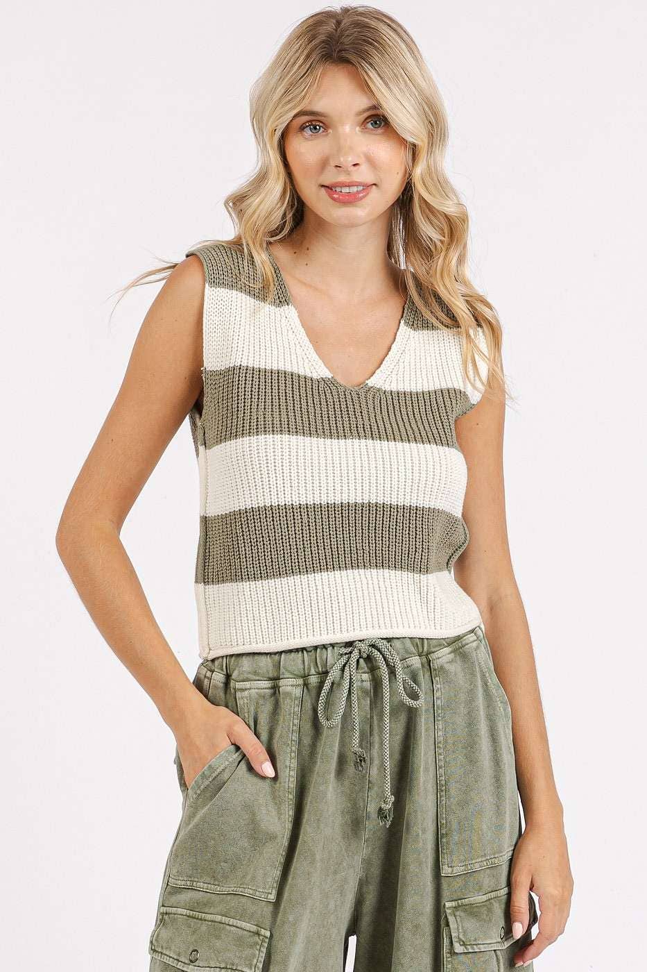 mittoshop - Wholesale Sweater Vest - Women's - STRIPED V-NECK CROPPED SWEATER VEST TOP20