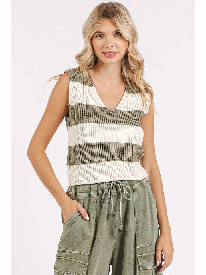 mittoshop - Wholesale Sweater Vest - Women's - STRIPED V-NECK CROPPED SWEATER VEST TOP20
