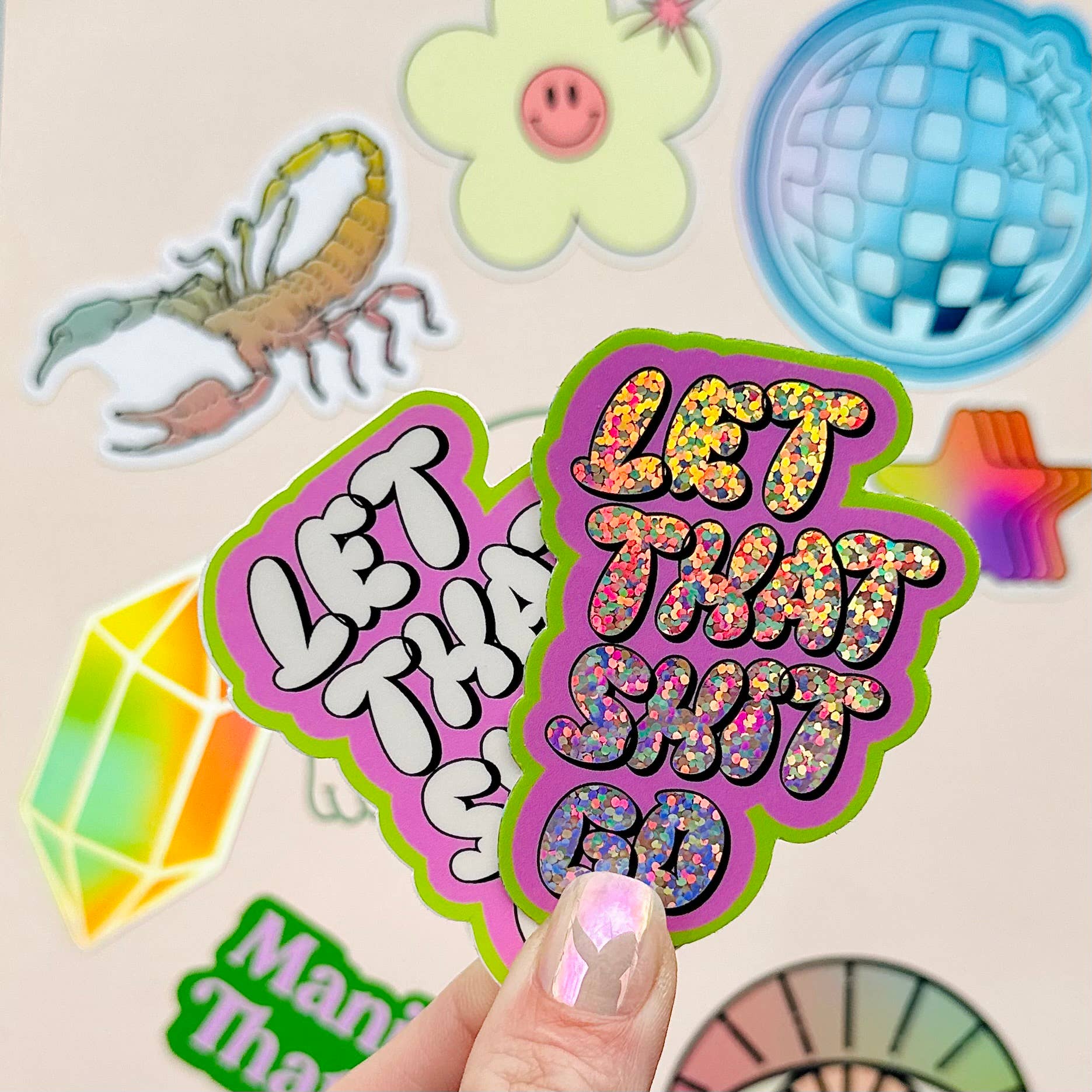 Charley Taylor Art - Wholesale Sticker - Let That Shit Go Y2K glittersticker2