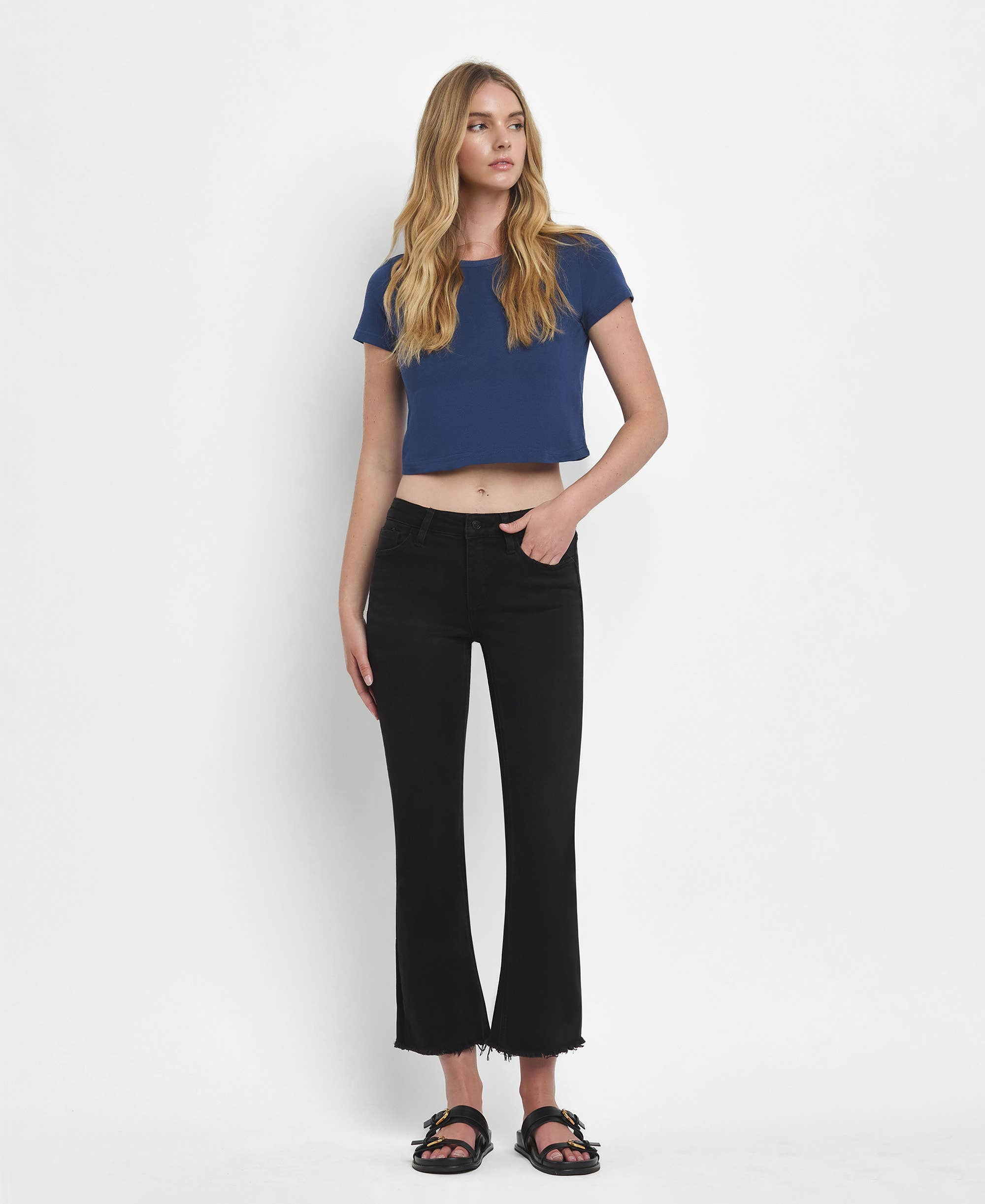 GRANDEUR MID RISE RAW DISTRESSED HEM CROP FLARE JEANS LV1145 for wholesale on Faire8