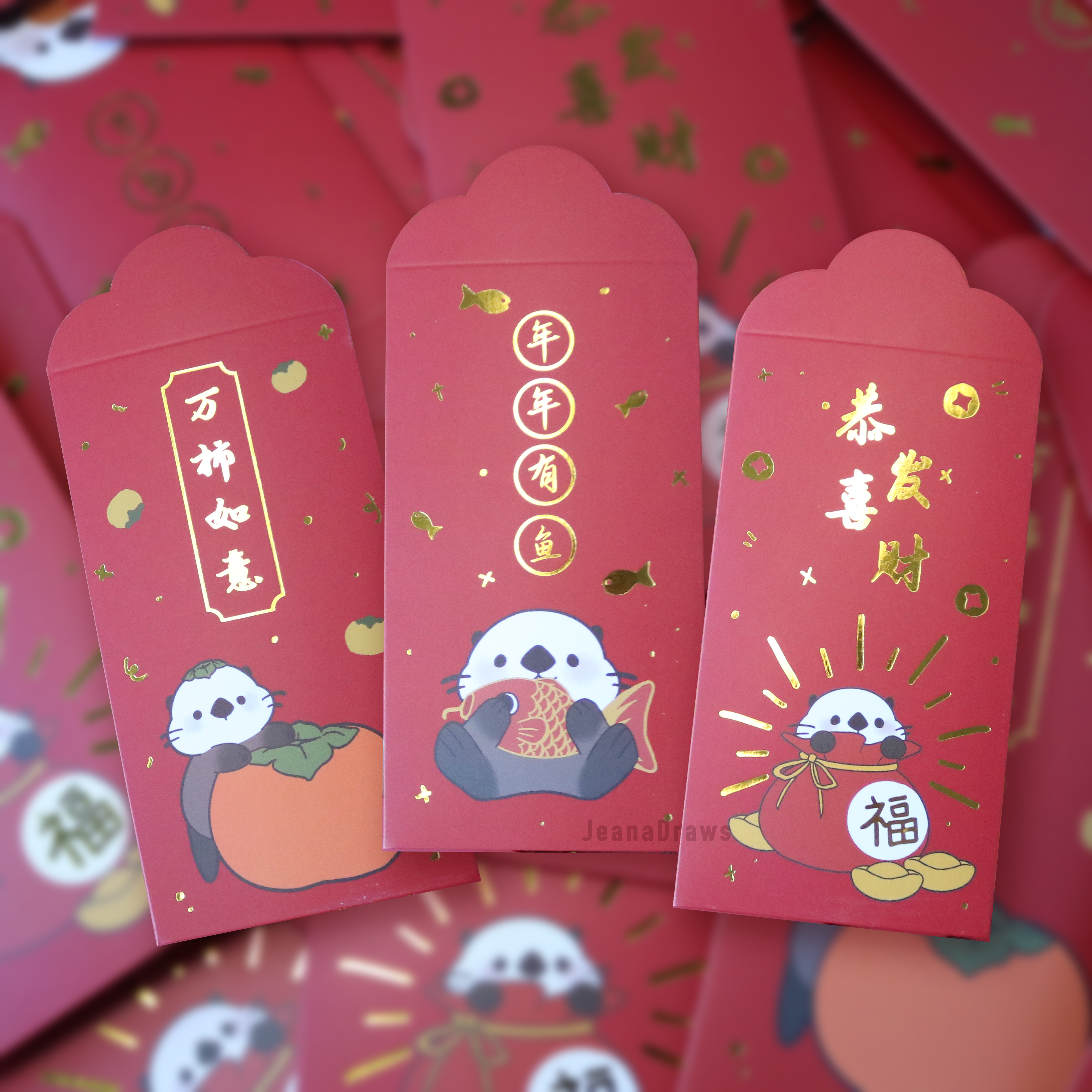 JeanaDraws - Wholesale Stationery/Notecard Set - Otter Red Envelopes (Hong Bao/Li Xi)3