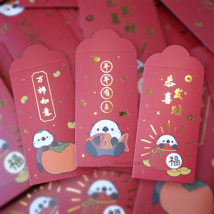 JeanaDraws - Wholesale Stationery/Notecard Set - Otter Red Envelopes (Hong Bao/Li Xi)3
