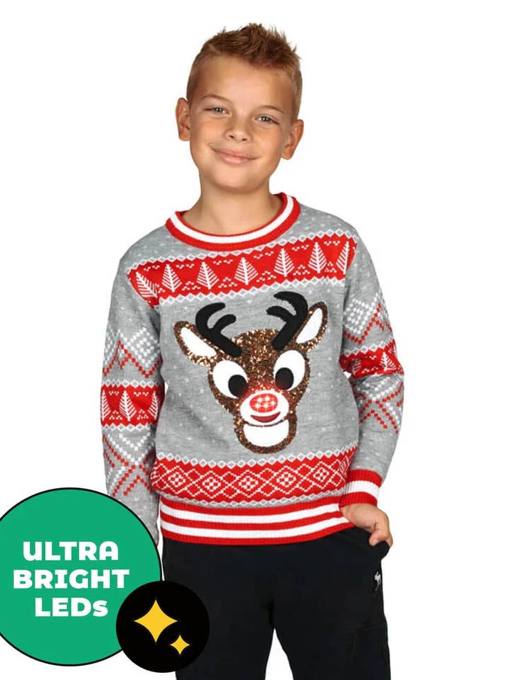 Pailletten-Rudolph-Leuchtpullover - Kinder-LED-Weihnachtspullover für den Großhandel von Tipsy Elves