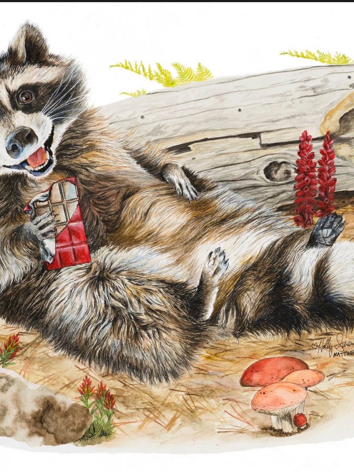 Chocolate Raccoon Whimsical Animal Singed Giclee Art Print for wholesale by Holly Simental