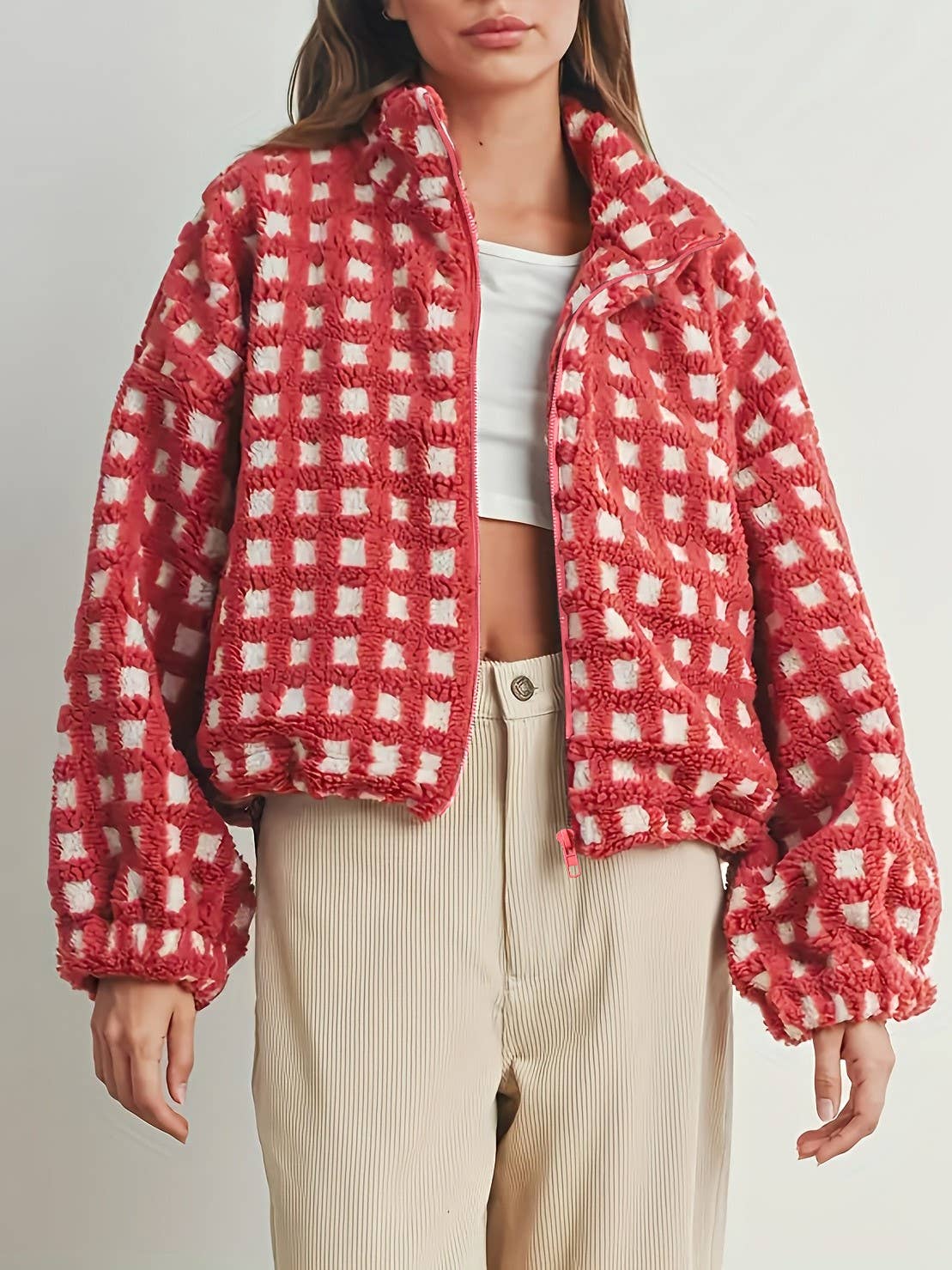 Checkered Red Gingham Sherpa fleece oversized jacket for wholesale on Faire2