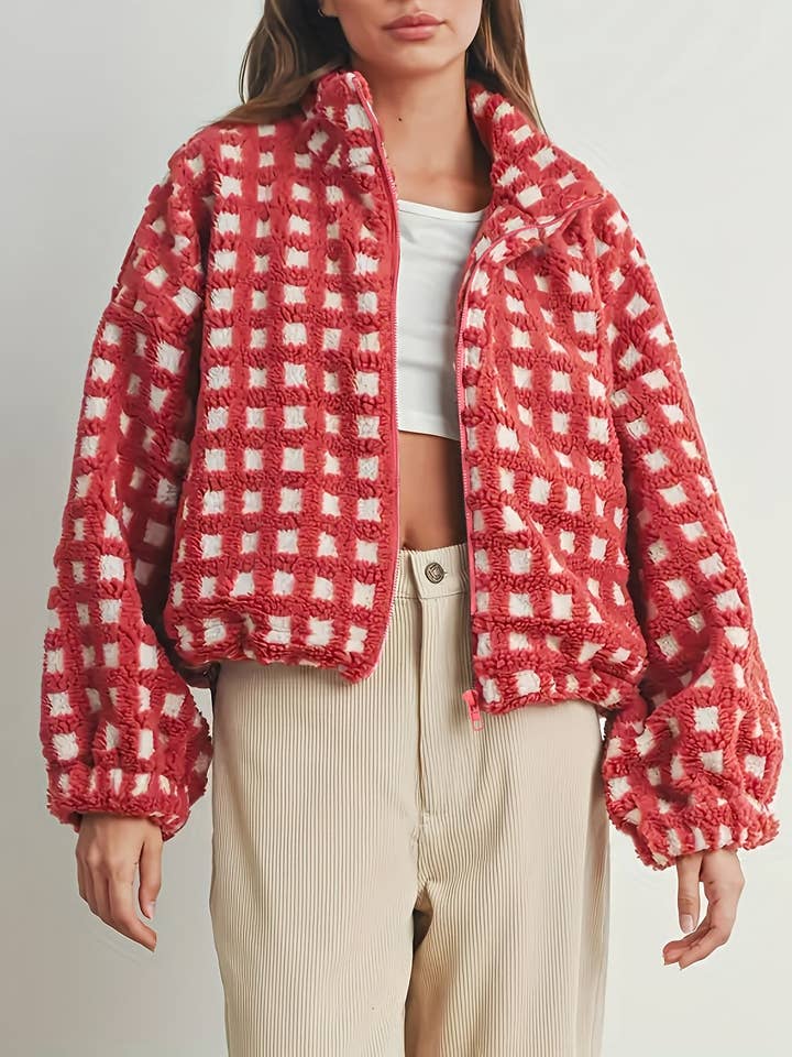 Checkered Red Gingham Sherpa fleece oversized jacket for wholesale on Faire2