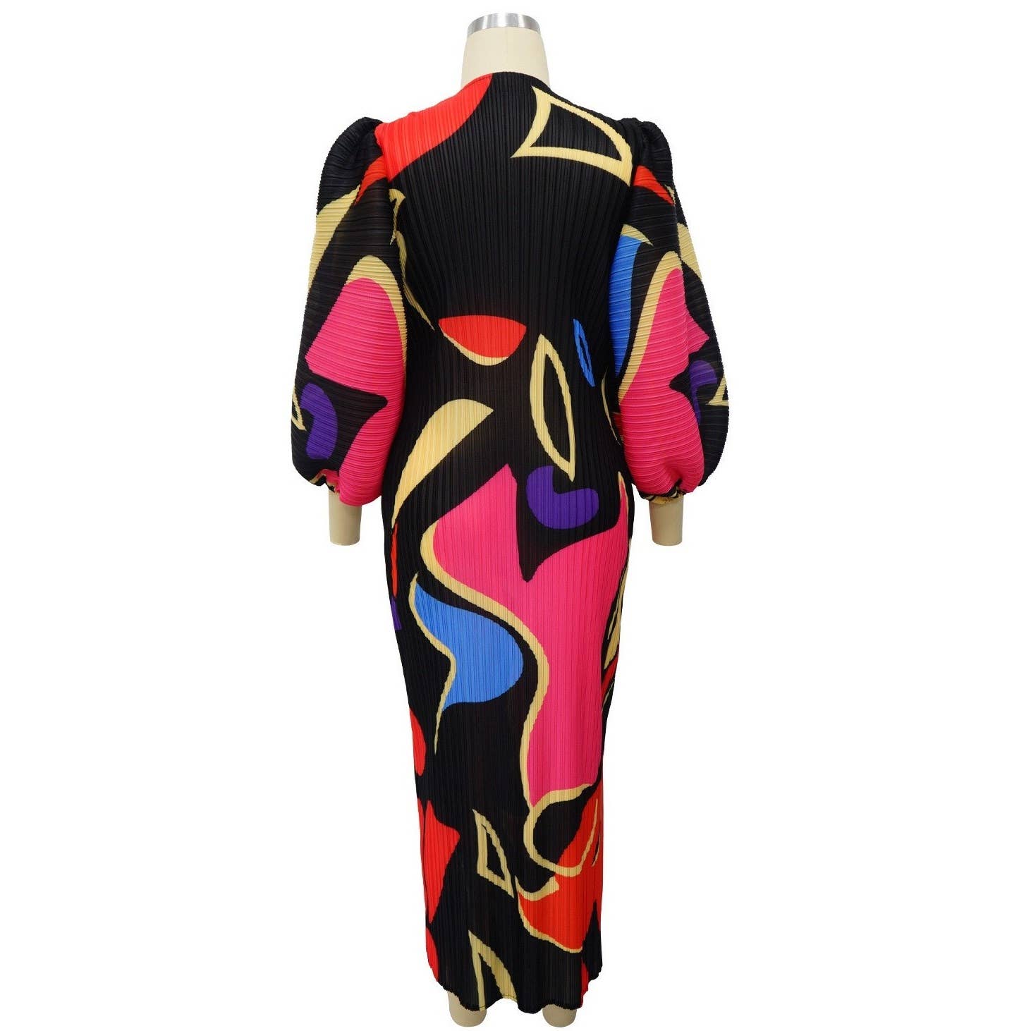 DORCAS – Großhandel Kleid – Damen – Buntes Maxikleid mit Puffärmeln und Faltenrock4