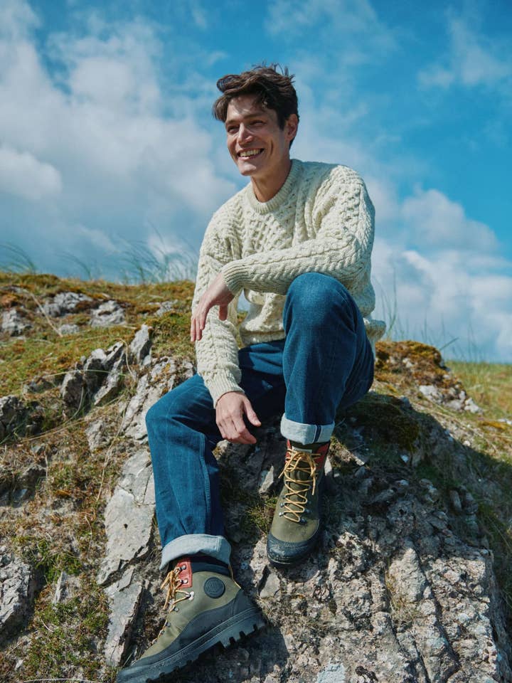 Inishbofin Mens Traditional Aran Sweater - Flecked Cream for wholesale by Aran Woollen Mills