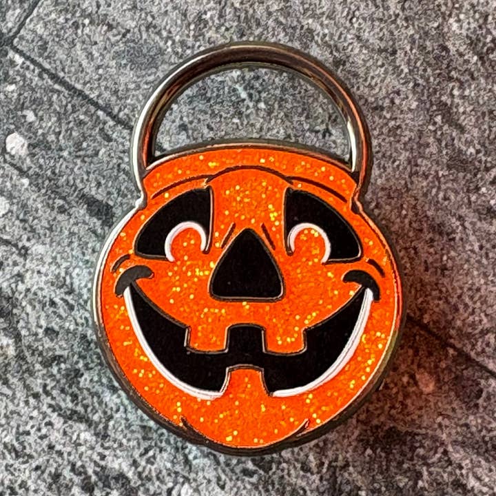 Retro pumpkin pail enamel pin for wholesale by Ash Evans