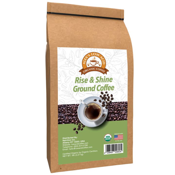 Alex's Low Acid Organic Coffee - Rise & Shine Ground (5lbs) for wholesale by Alex's Low-Acid Organic Coffee