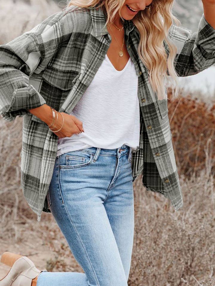 Suhkasana – Großhandel Hemdjacke/Shacket – Damen – Mittelgraue karierte Shacket mit Klappentaschen1