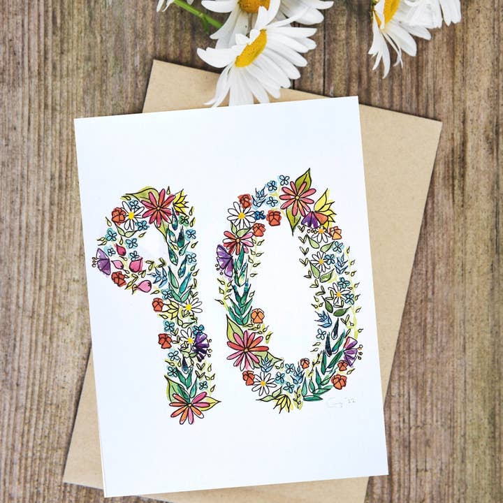 90th Birthday/Anniversary Card x5 for wholesale by Badibidu Watercolours