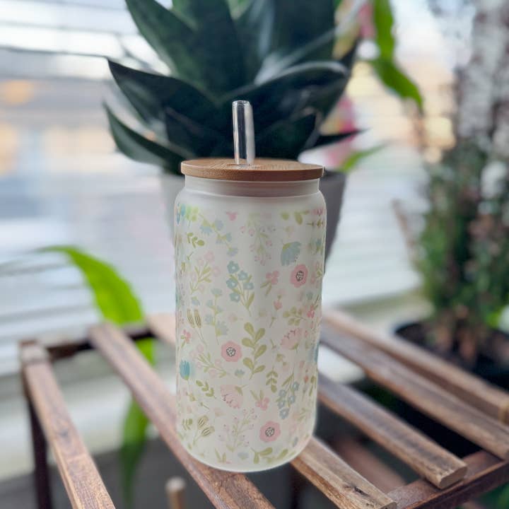 Spring Watercolor Floral Glass Cup, 16oz Drink Cup for wholesale by Breeco